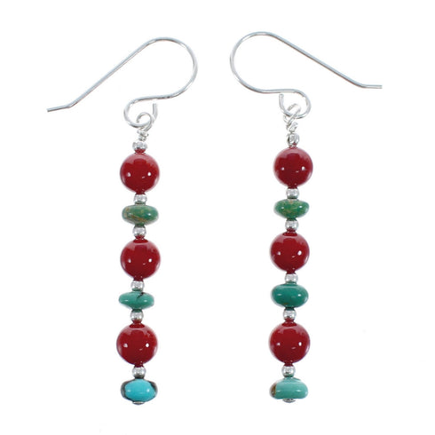 Southwest Sterling Silver Turquoise and Coral Bead Hook Dangle Earrings JX125558