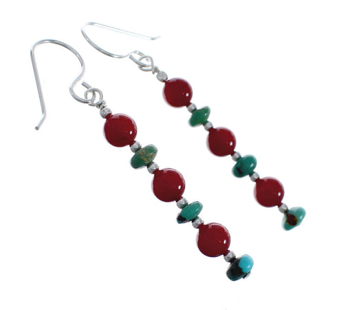 Southwest Sterling Silver Turquoise and Coral Bead Hook Dangle Earrings JX125558