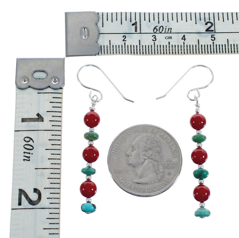 Southwest Sterling Silver Turquoise and Coral Bead Hook Dangle Earrings JX125558