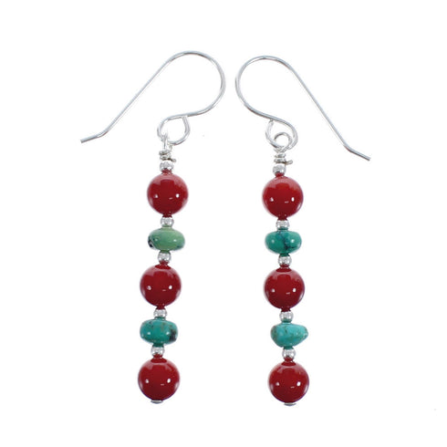 Southwest Sterling Silver Turquoise and Coral Bead Hook Dangle Earrings JX125557