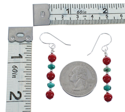 Southwest Sterling Silver Turquoise and Coral Bead Hook Dangle Earrings JX125557
