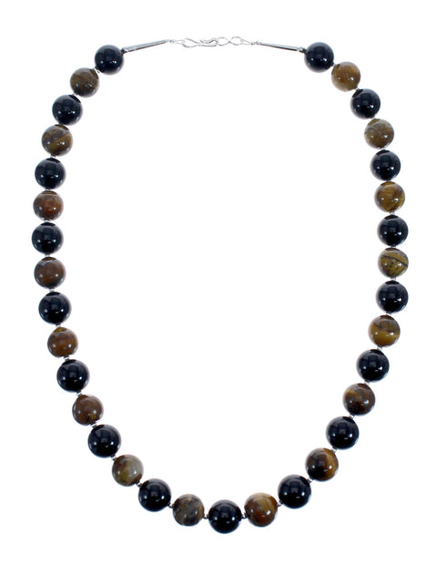 Native American Tiger Eye And Onyx Sterling Silver Bead Necklace AX125577