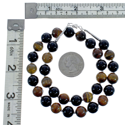 Native American Tiger Eye And Onyx Sterling Silver Bead Necklace AX125577
