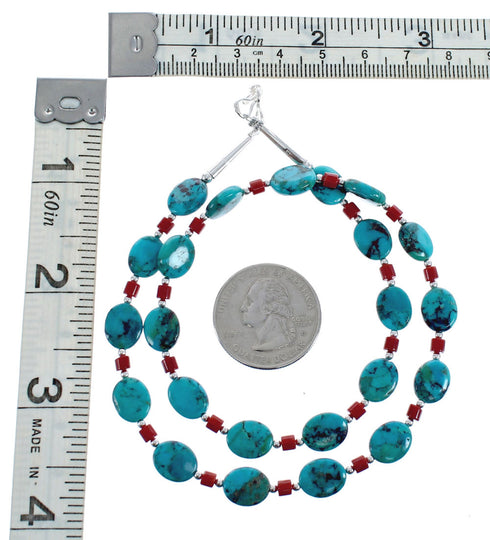 Turquoise Coral Sterling Silver Native American Bead Necklace AX125576