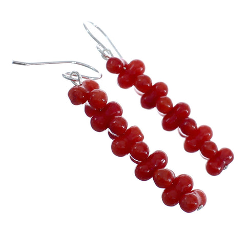 Native American Coral Sterling Silver Bead Hook Dangle Earrings AX125570