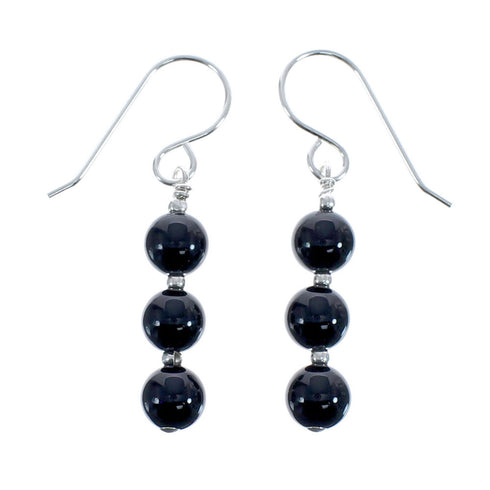 Native American Onyx Sterling Silver Bead Hook Dangle Earrings AX125565