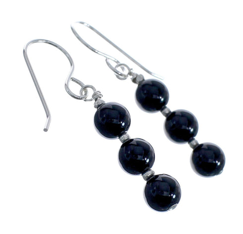Native American Onyx Sterling Silver Bead Hook Dangle Earrings AX125565