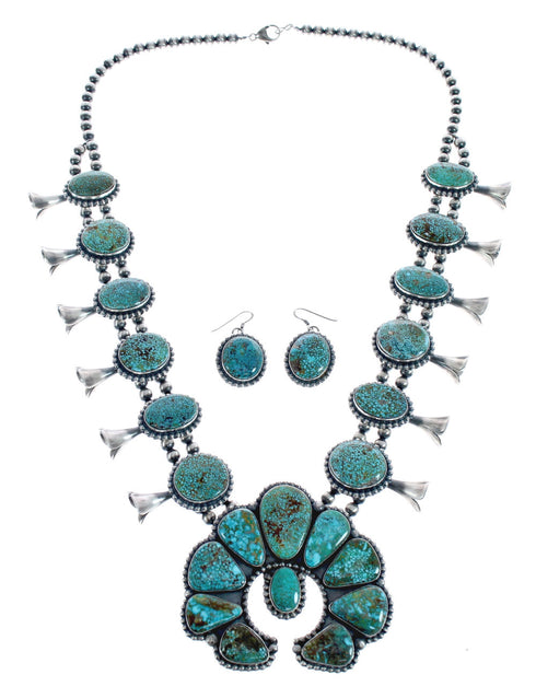 Kingman Turquoise Sterling Silver Navajo Naja Squash Blossom Necklace And Earrings Set AX125648