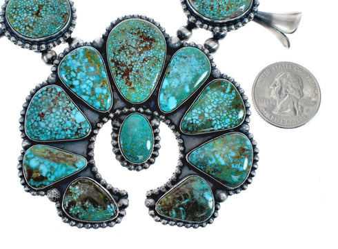 Kingman Turquoise Sterling Silver Navajo Naja Squash Blossom Necklace And Earrings Set AX125648
