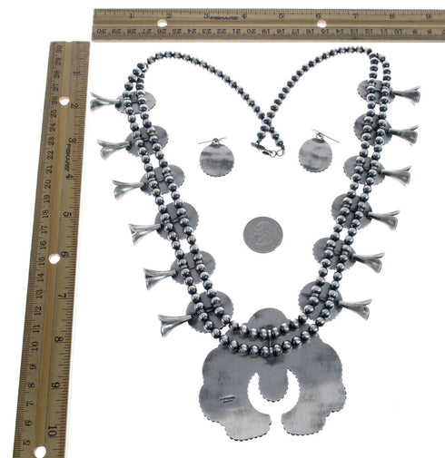 Kingman Turquoise Sterling Silver Navajo Naja Squash Blossom Necklace And Earrings Set AX125648