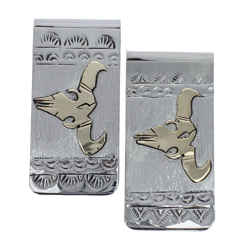 Native American Navajo Genuine Sterling Silver And 12KGF Cow Skull Money Clip AX126685