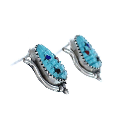 Native American Zuni Multicolor Inlay Sterling Silver Corn Post Earrings AX125707