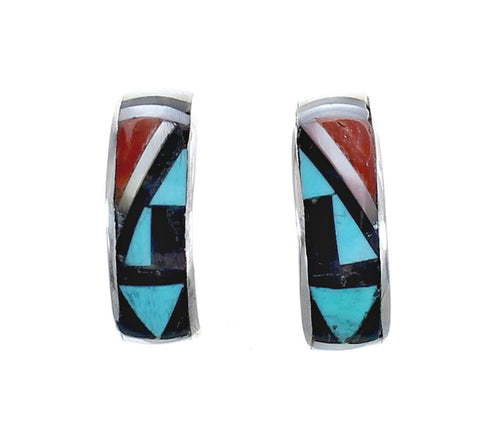 Multicolor Inlay Zuni Indian Sterling Silver Post Hoop Earrings AX125711