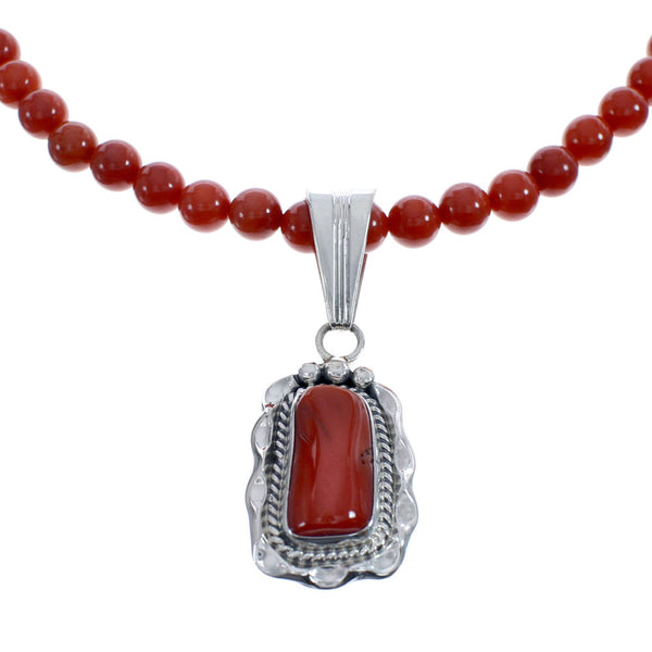 Native American Navajo Coral Round Bead Pendant Sterling Silver Necklace JX126561