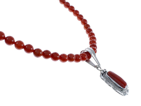 Native American Navajo Coral Round Bead Pendant Sterling Silver Necklace JX126561