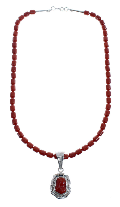 Native American Navajo Coral Bead Pendant Sterling Silver Necklace JX126563
