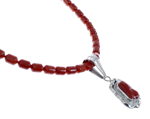 Native American Navajo Coral Bead Pendant Sterling Silver Necklace JX126563