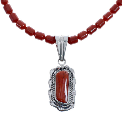 Native American Navajo Coral Bead Pendant Sterling Silver Necklace JX126565