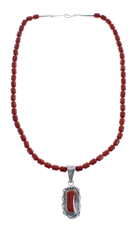 Native American Navajo Coral Bead Pendant Sterling Silver Necklace JX126565