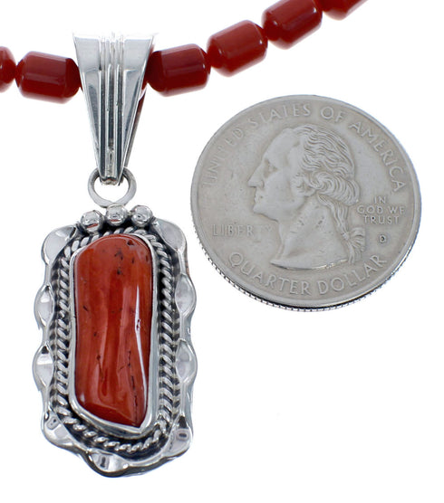 Native American Navajo Coral Bead Pendant Sterling Silver Necklace JX126565