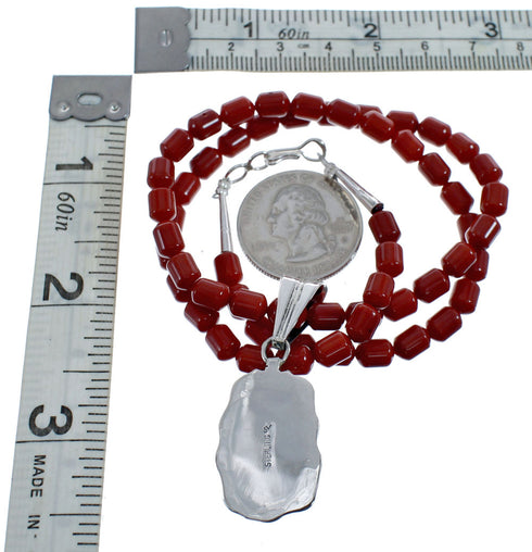 Native American Navajo Coral Bead Pendant Sterling Silver Necklace JX126565
