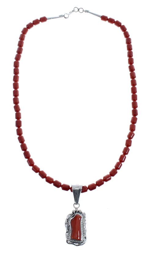 Native American Navajo Coral Bead Pendant Sterling Silver Necklace JX126566