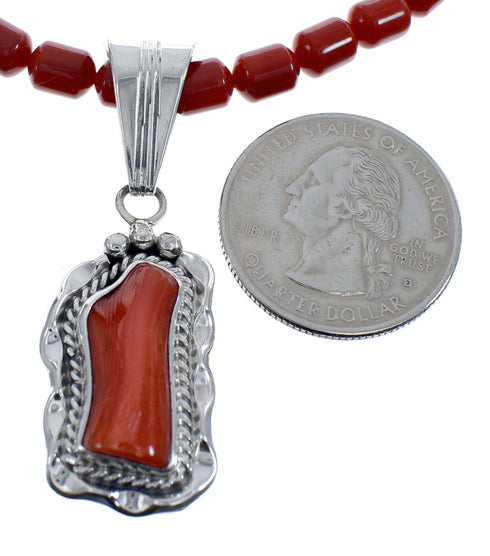 Native American Navajo Coral Bead Pendant Sterling Silver Necklace JX126566