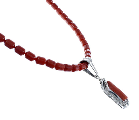 Native American Navajo Coral Bead Pendant Sterling Silver Necklace JX126566