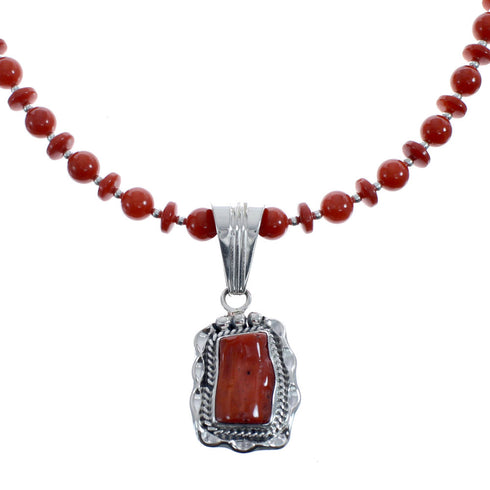 Native American Navajo Coral Bead Pendant Sterling Silver Necklace JX126570