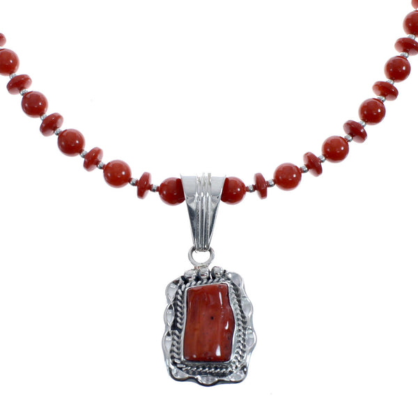 Native American Navajo Coral Bead Pendant Sterling Silver Necklace JX126570