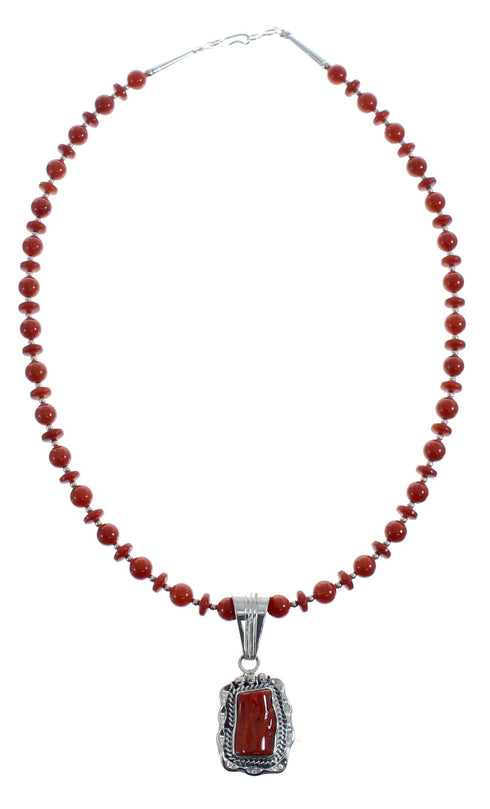 Native American Navajo Coral Bead Pendant Sterling Silver Necklace JX126570