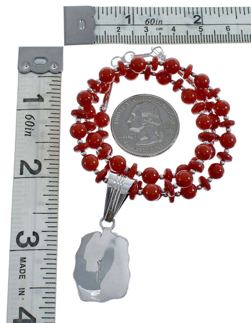 Native American Navajo Coral Bead Pendant Sterling Silver Necklace JX126570