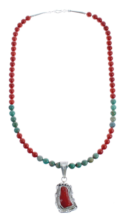 Native American Navajo Turquoise Coral Bead Pendant Sterling Silver Necklace JX126573