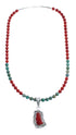 Native American Navajo Turquoise Coral Bead Pendant Sterling Silver Necklace JX126573