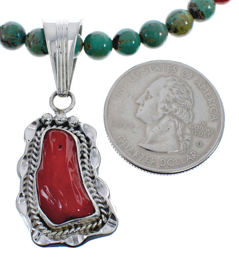 Native American Navajo Turquoise Coral Bead Pendant Sterling Silver Necklace JX126573