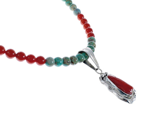 Native American Navajo Turquoise Coral Bead Pendant Sterling Silver Necklace JX126573