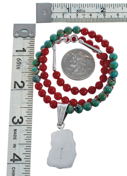 Native American Navajo Turquoise Coral Bead Pendant Sterling Silver Necklace JX126573