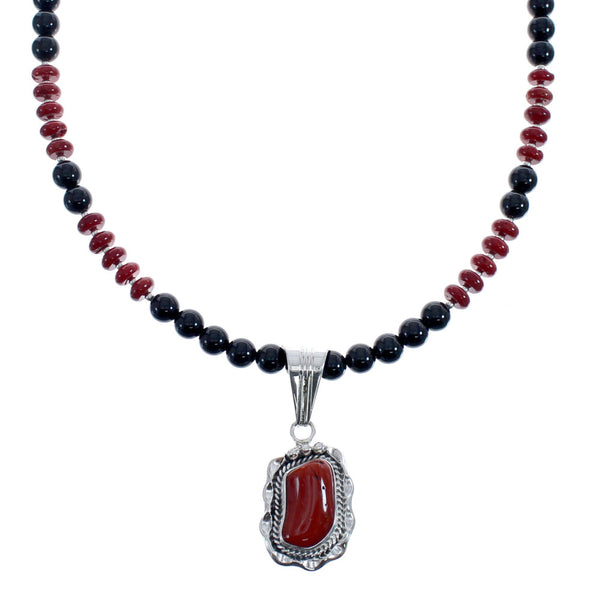 Native American Navajo Coral Onyx Bead Pendant Sterling Silver Necklace JX126579