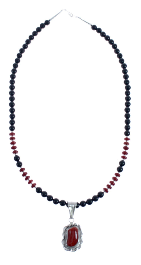 Native American Navajo Coral Onyx Bead Pendant Sterling Silver Necklace JX126579