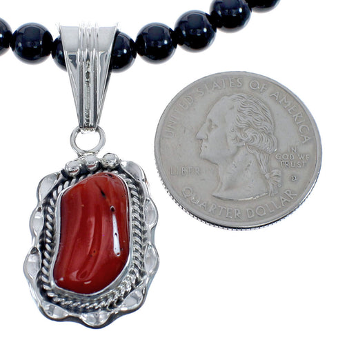 Native American Navajo Coral Onyx Bead Pendant Sterling Silver Necklace JX126579