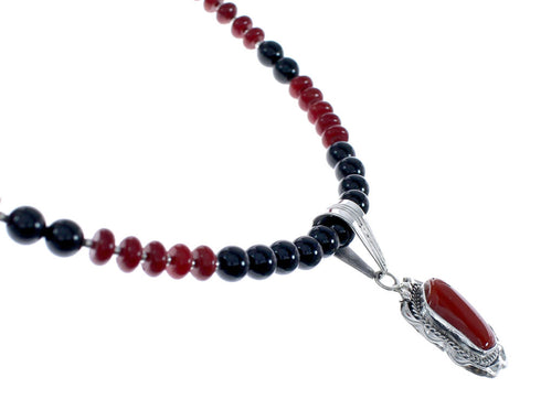 Native American Navajo Coral Onyx Bead Pendant Sterling Silver Necklace JX126579
