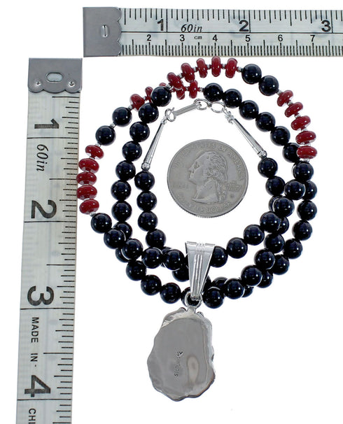 Native American Navajo Coral Onyx Bead Pendant Sterling Silver Necklace JX126579