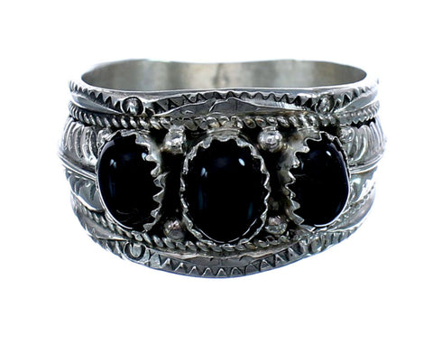 Native American Navajo Silver Onyx Scalloped Leaf Ring Size 13-3/4 AX125769