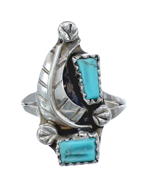 Zuni Turquoise Genuine Sterling Silver Feather Ring Size 6-3/4 AX125790