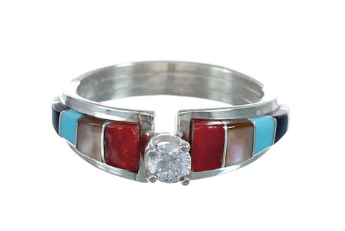 Multicolor Inlay Cubic Zirconia Zuni Sterling Silver Ring Size 8 AX125815