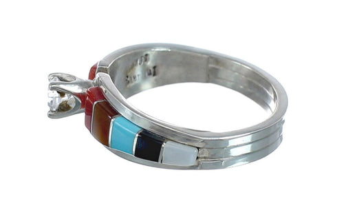 Multicolor Inlay Cubic Zirconia Zuni Sterling Silver Ring Size 8 AX125815
