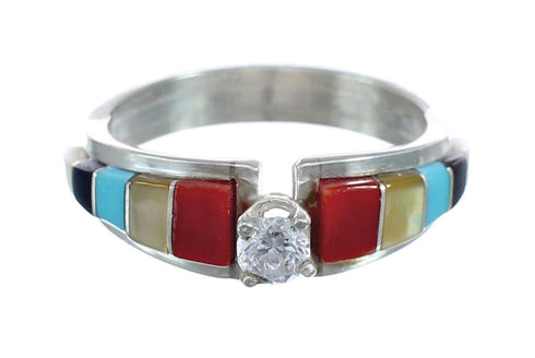 Multicolor Inlay Cubic Zirconia Zuni Sterling Silver Ring Size 7 AX125816
