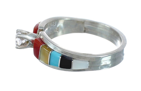 Multicolor Inlay Cubic Zirconia Zuni Sterling Silver Ring Size 8-1/2 AX125817