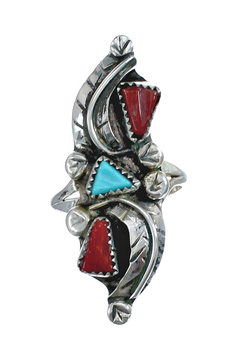 Sterling Silver Zuni Turquoise Coral Leaf Design Ring Size 7-3/4 AX125806