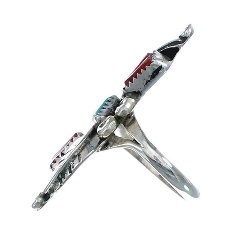 Sterling Silver Zuni Turquoise Coral Leaf Design Ring Size 7-3/4 AX125806